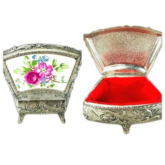 Vintage Silver and Porcelain Hand Painted Velvet Lined Jewelry Box Made Japan
